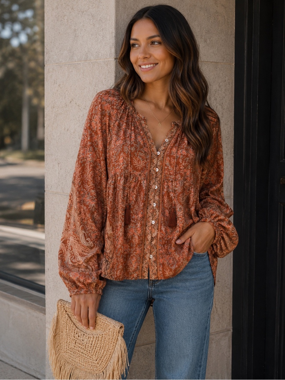 Arnhem Boho Floral Paisley Long Sleeve Peasant Top. Size Large